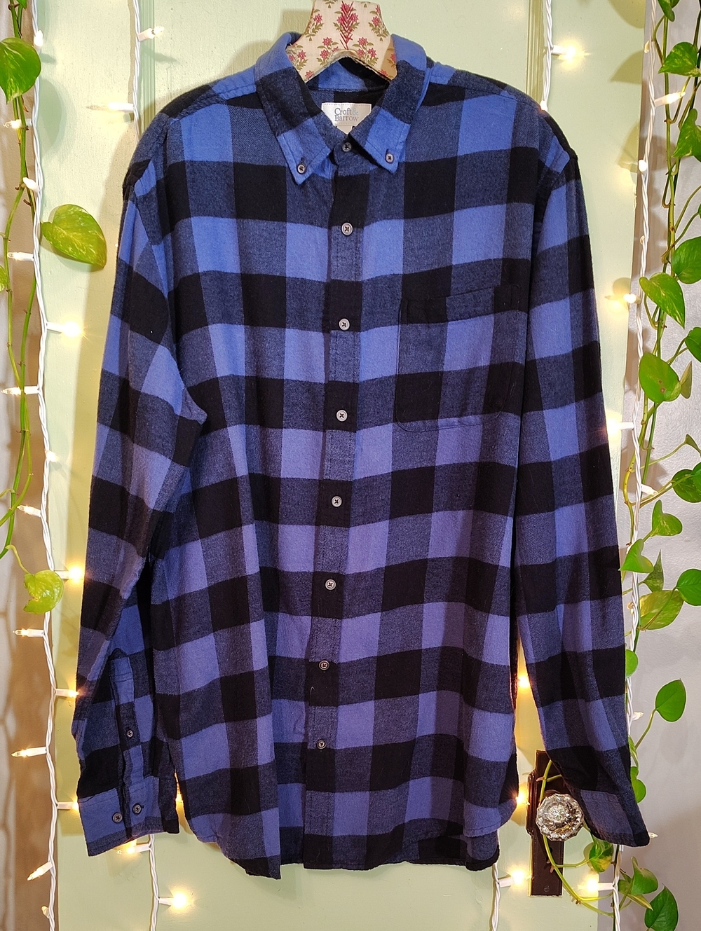 Men's Croft & Barrow Black Blue Buffalo Check Plaid Flannel L Tall